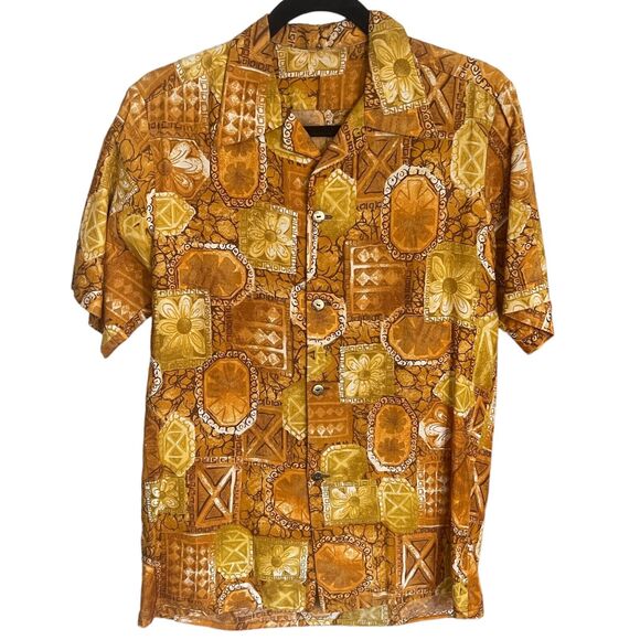 Vintage 60s Yellow Gold Hawaiian Shirt Aloha Button Up Short Sleeve Tiki Floral - Picture 1 of 3